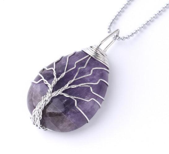 Fashion Stone Pendant with Gold Color Wire Wrap Gem Purple Silver Necklace