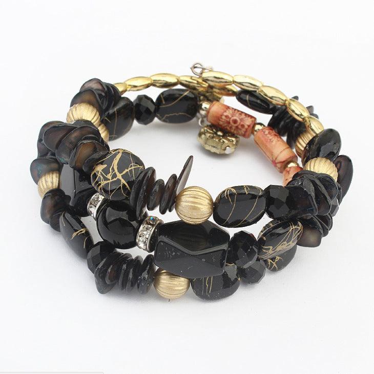 Pine Agate Beaded Multi-Layer Winding Bracelet Black BLK