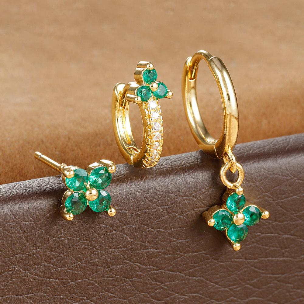 Four-Leaf Flower Stud Earrings | Daily Wear Gold And Green