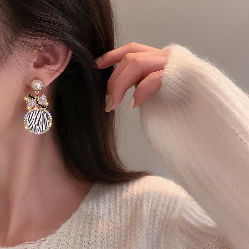Diamond Pearl Striped Bow Earrings