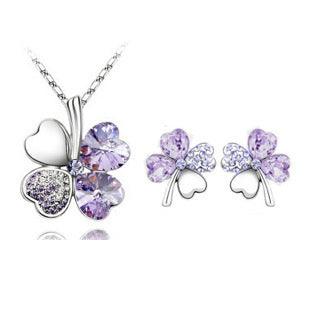 Four-Leaf Clover Necklace and Earrings | Daily Wear Light Purple 1 set