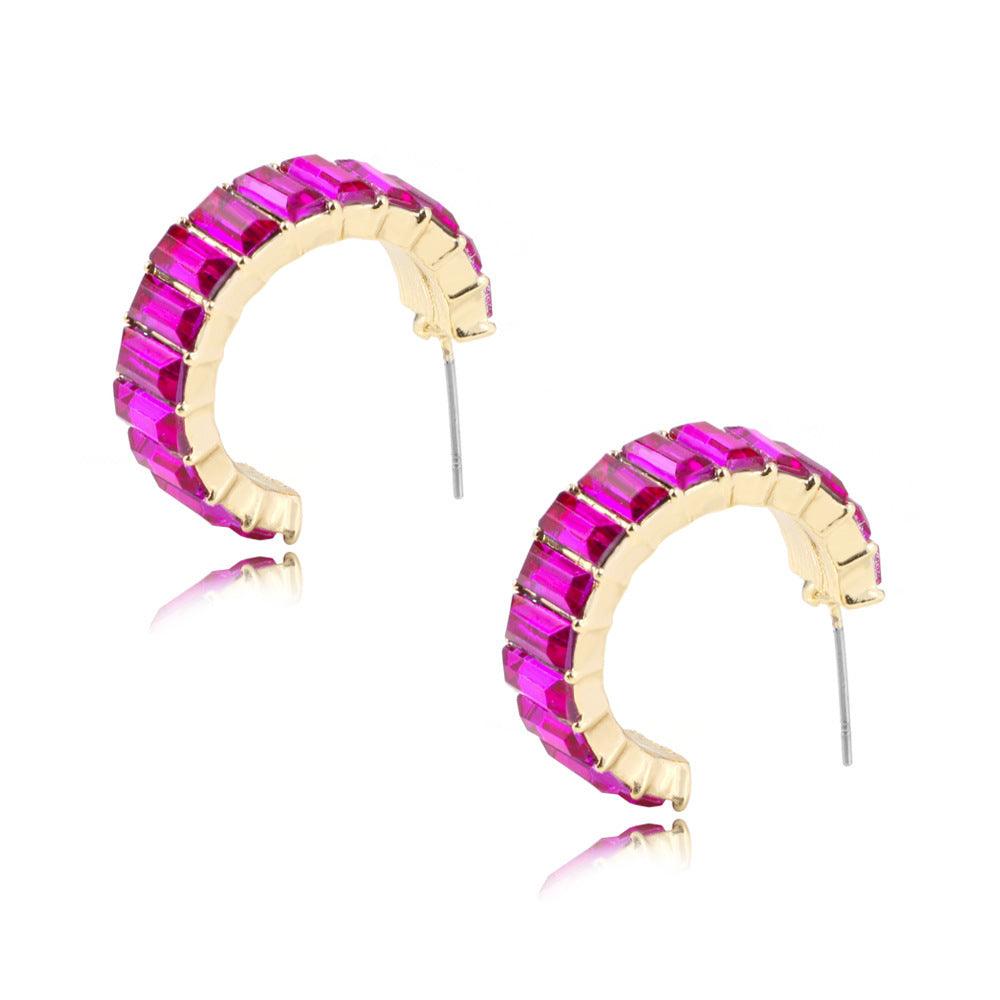 Multicolor Glass Diamond C-shaped Earrings Rose Purple 4