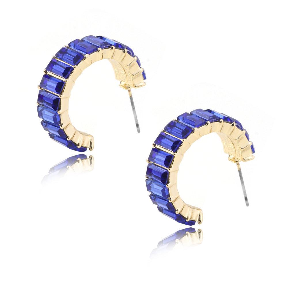 Multicolor Glass Diamond C-shaped Earrings Royal Blue 4
