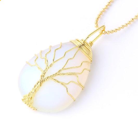 Fashion Stone Pendant with Gold Color Wire Wrap Gem Protein Color Necklace