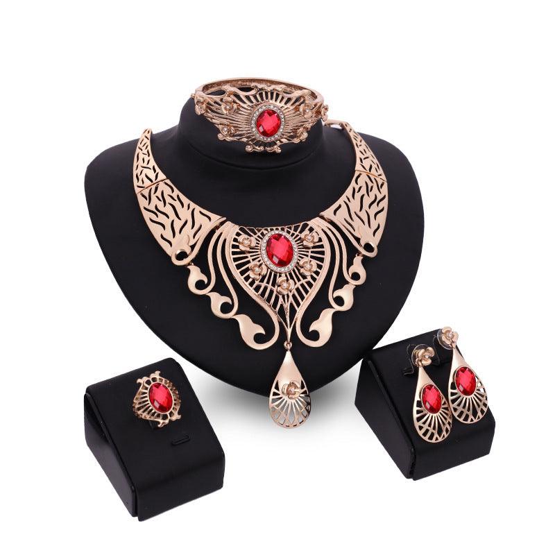 Peacock Rhinestone Two-Piece Necklace Set Red