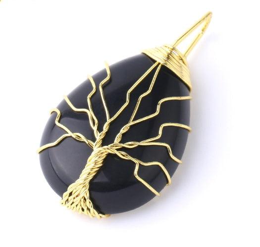 Fashion Stone Pendant with Gold Color Wire Wrap Gem Black Gold Pendant