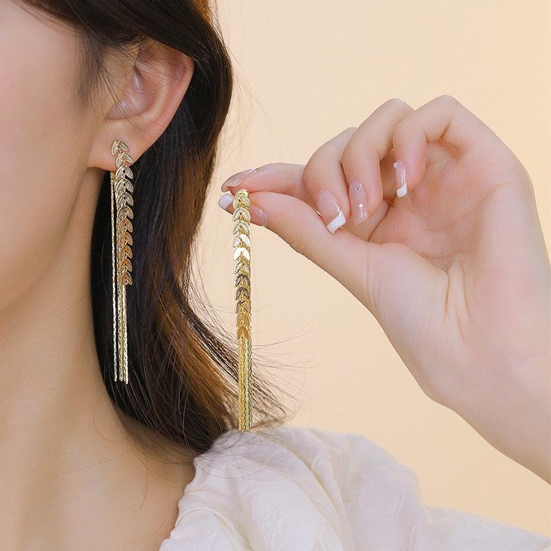Wheat Long Fringe Earrings | Daily Wear Gold