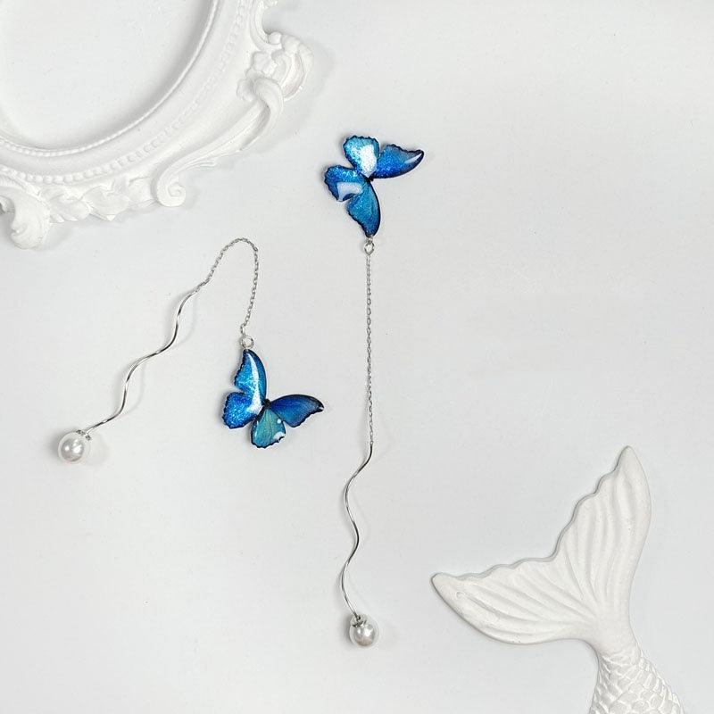 Blue Butterfly Ear Thread Pearl Earrings E