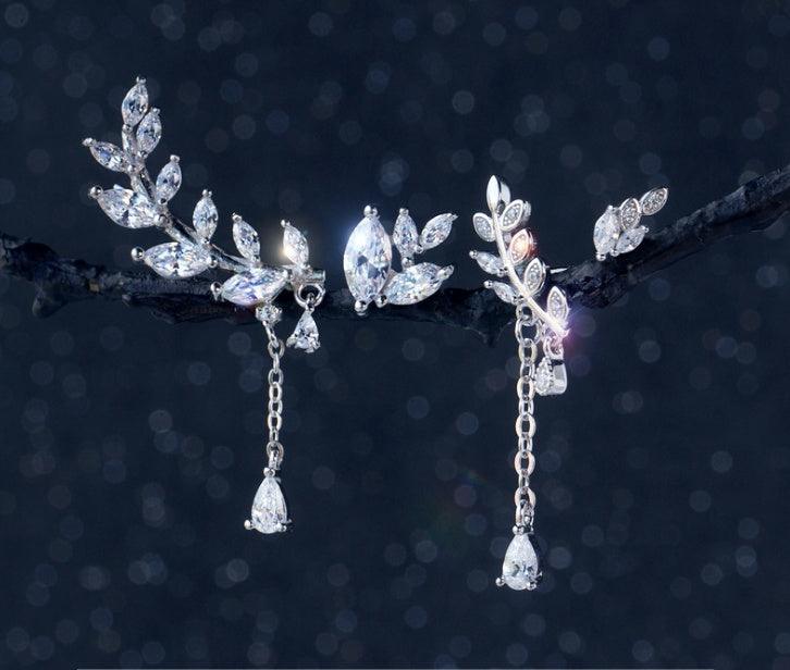 Korean Diamond Leaves Asymmetrical Earring