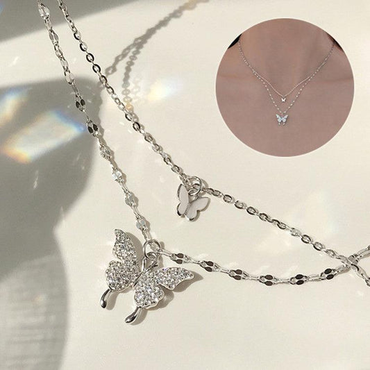 Elegant Silver Butterfly Double Layer Necklace | BoldlyBeautifuls