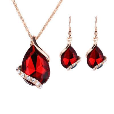 Stylish Water Drop Necklace and Earring Set Red
