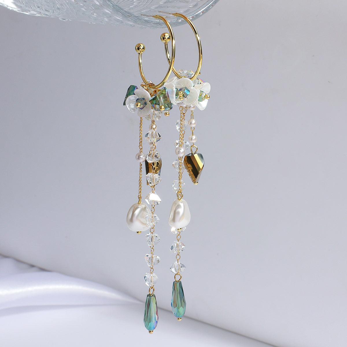 Korean White Flower Pearl Earrings Green