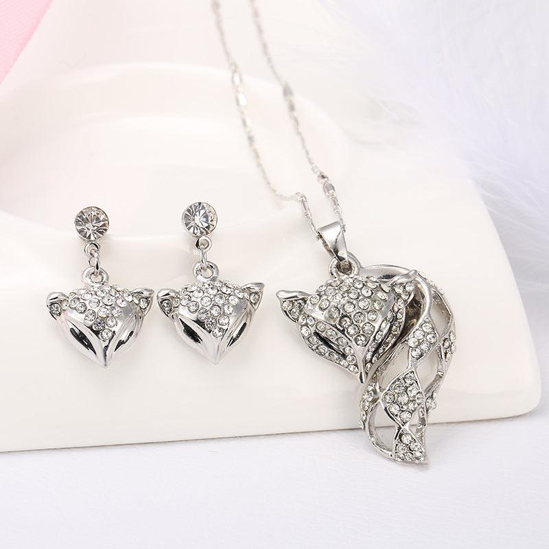 Fox Necklace and Earrings Set Silver