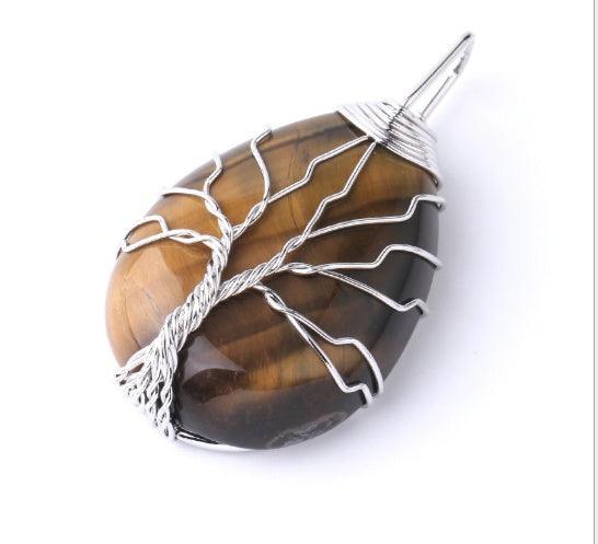 Fashion Stone Pendant with Gold Color Wire Wrap Gem Tiger Eye Silver Pendant
