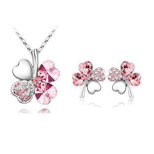 Four-Leaf Clover Necklace and Earrings | Daily Wear Pink 1 set