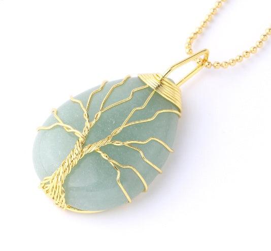 Fashion Stone Pendant with Gold Color Wire Wrap Gem Green Gold Necklace