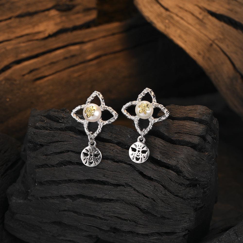Bee Flower Silver Pearl Earrings | 2025
