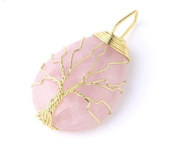 Fashion Stone Pendant with Gold Color Wire Wrap Gem Pink Gold Pendant
