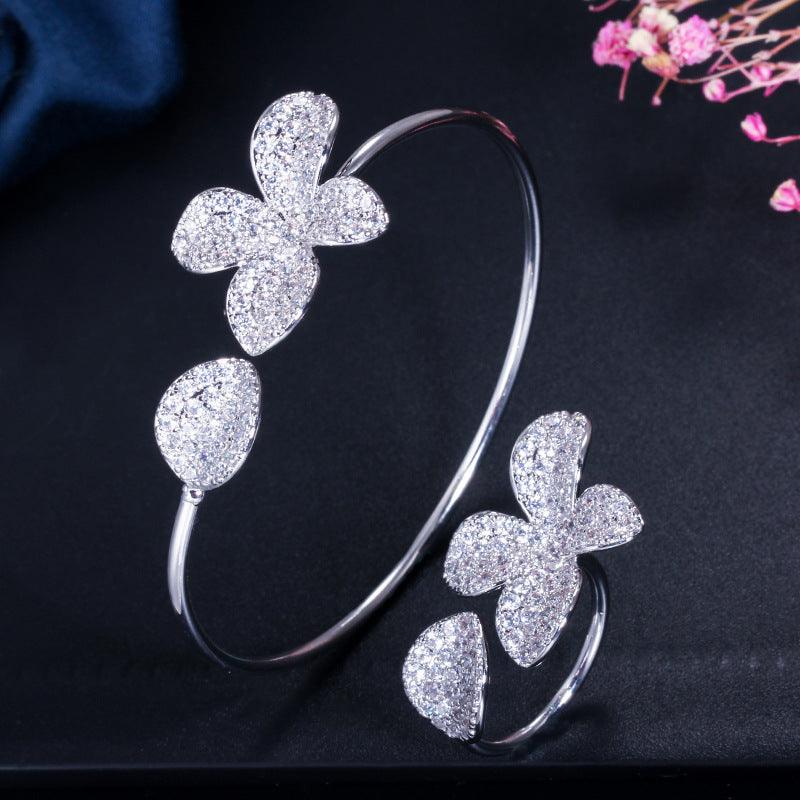 Adjustable Flower Bracelet And Ring | Party Wear Silver