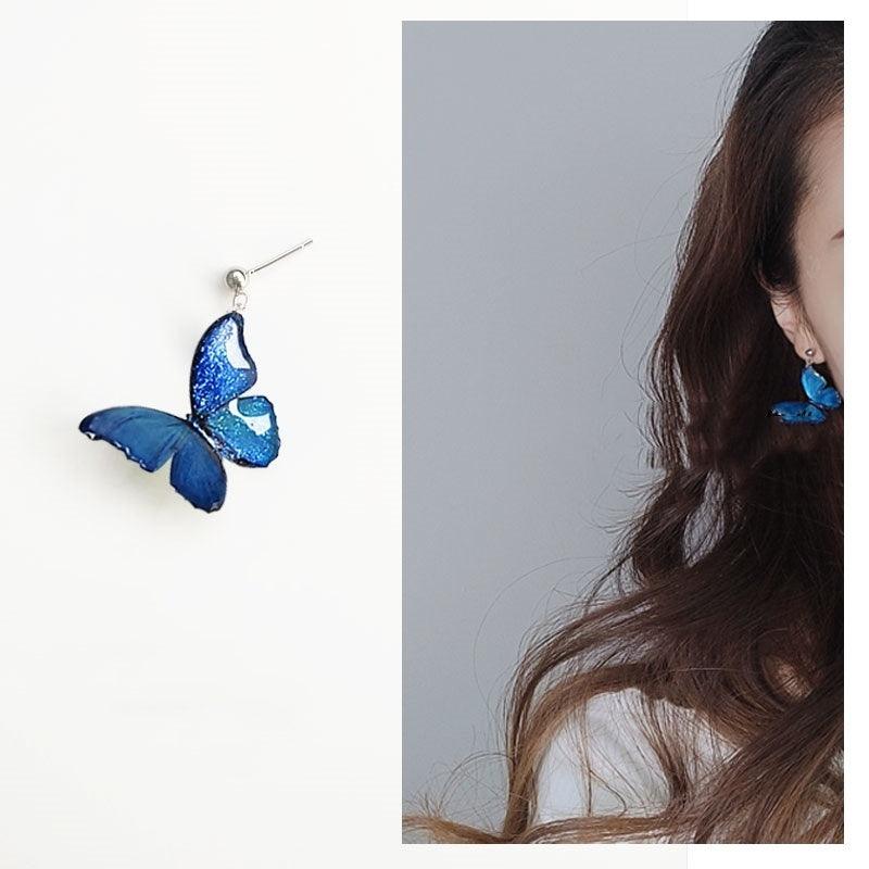 Blue Butterfly Ear Thread Pearl Earrings C
