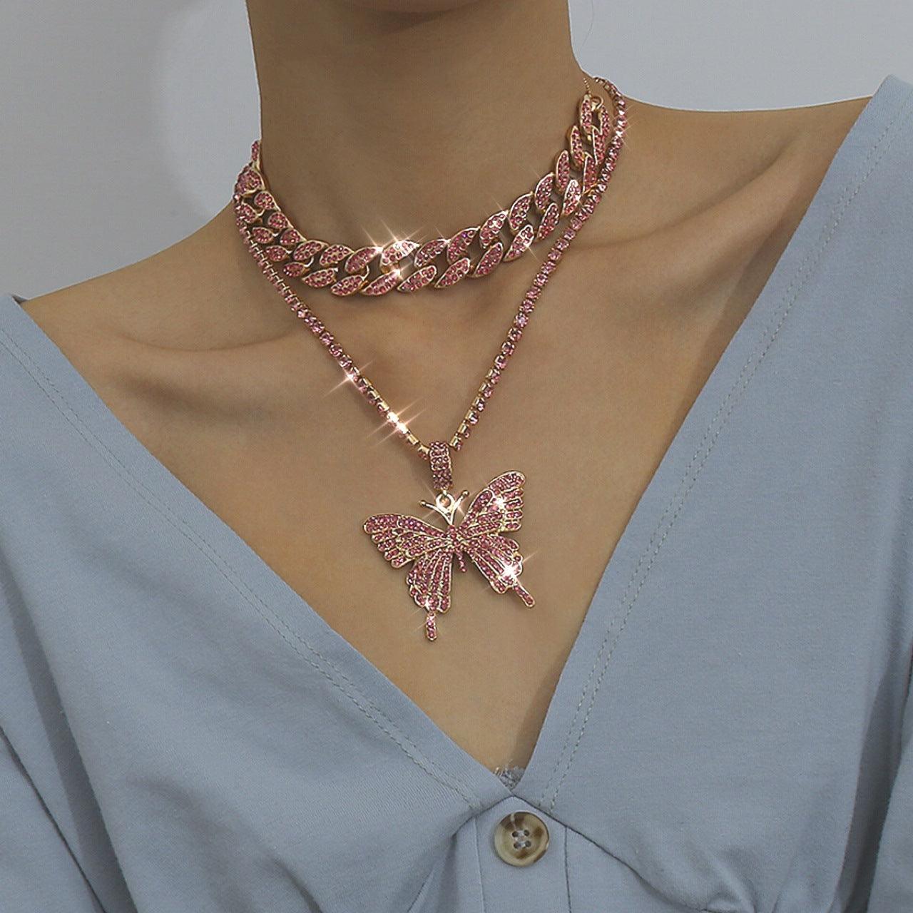 Diamond Butterfly Pendant Necklace | Fashion Jewelry Pink 1