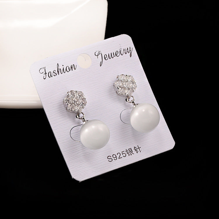 Round Pearl Long Earrings - Daily Wear Silver Opal