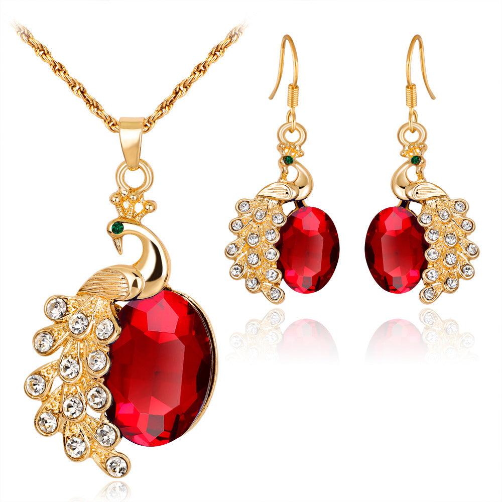 Peacock Rhinestone Two Piece Necklace | Daily Wear Red