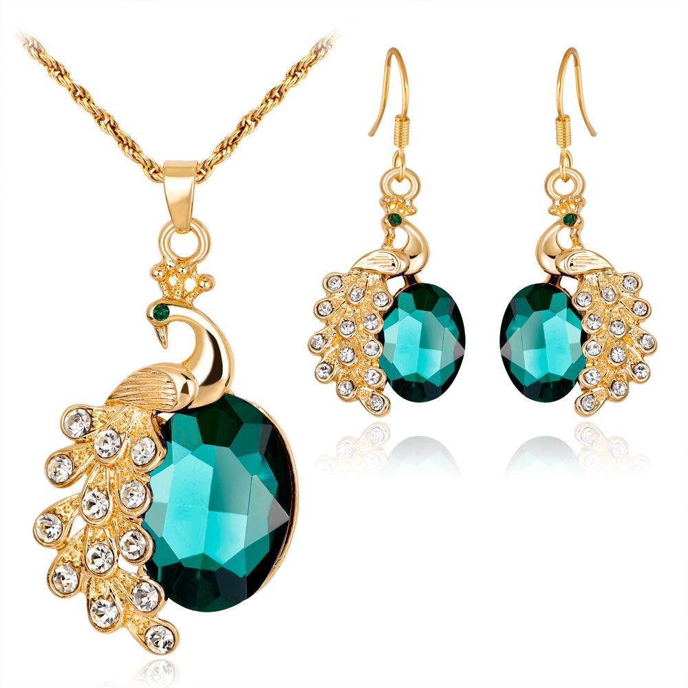 Peacock Rhinestone Two Piece Necklace | Daily Wear Green