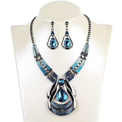Antique Blue Jewel Necklace & Earrings Set Blue
