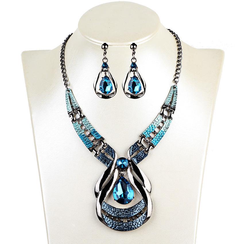 Antique Blue Jewel Necklace & Earrings Set