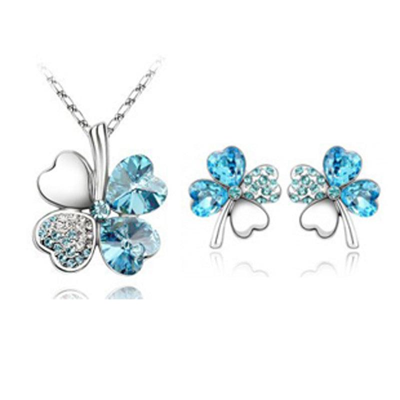 Four-Leaf Clover Necklace and Earrings | Daily Wear Sea Blue 1 set