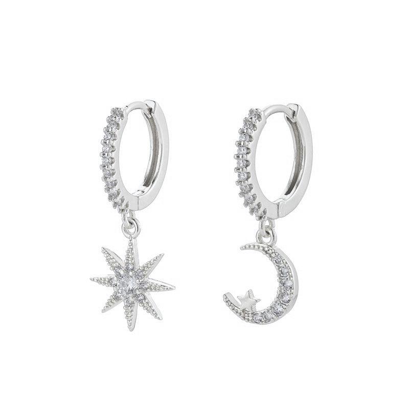 Fashion Star Moon Asymmetric Earrings Silver