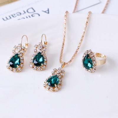 Water Drop Rhinestone Jewelry Set | Daily Wear Green