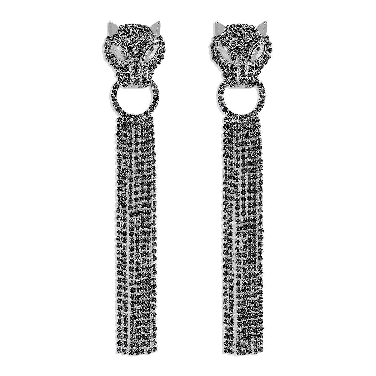 Leopard Head Earrings With Tassel Rhinestones Black