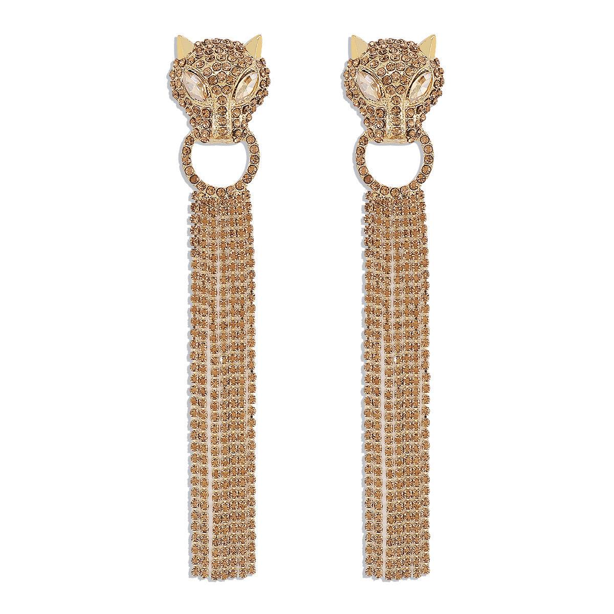 Leopard Head Earrings With Tassel Rhinestones Gold