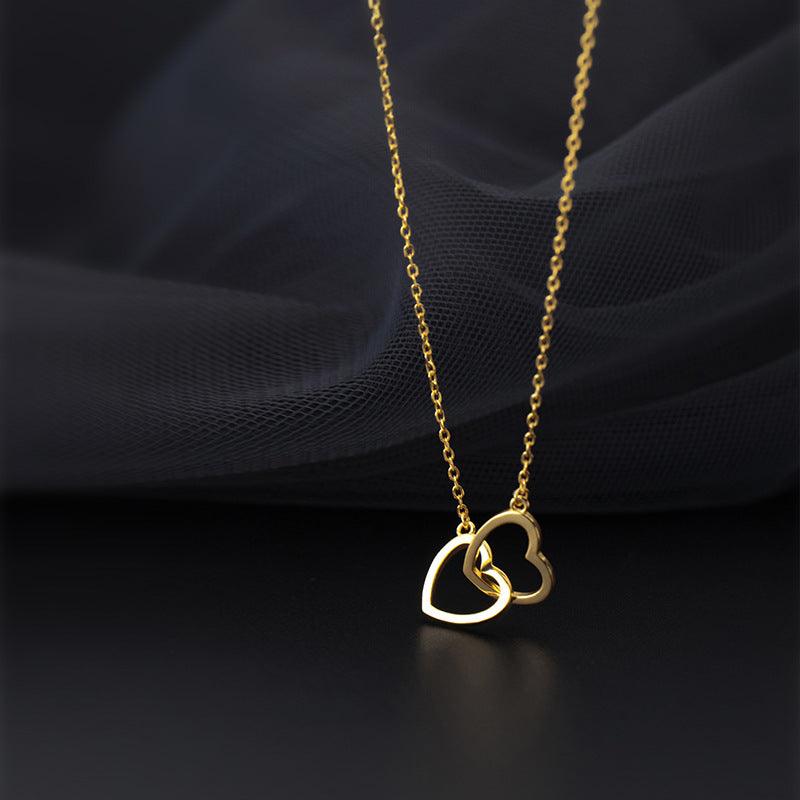 Double Heart Interlocking Titanium Steel Necklace Jewelry 925gold