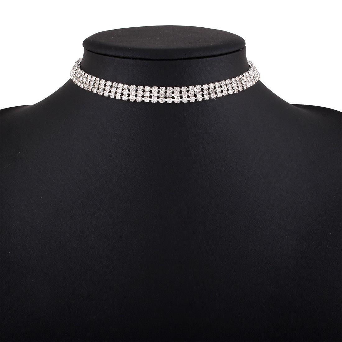 Full Rhinestone Alloy Necklace | Fashion Jewelry Three Rows Of Drills