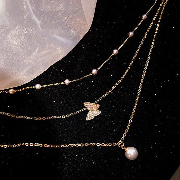 Multilayer Pearl Butterfly Necklace | Party Wear Gold