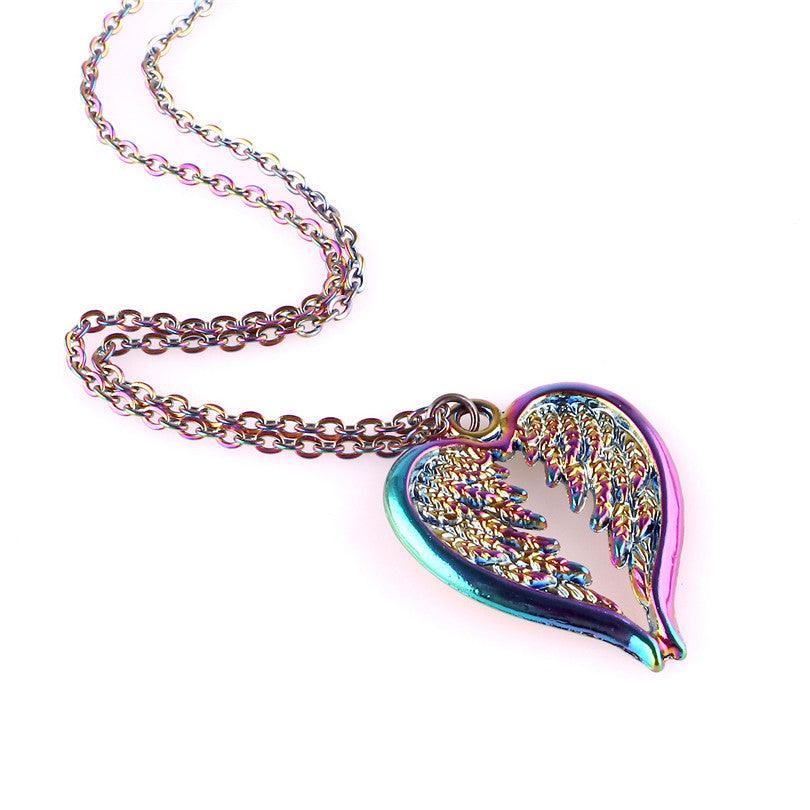 Rainbow Feather Wing Heart Choker Necklace