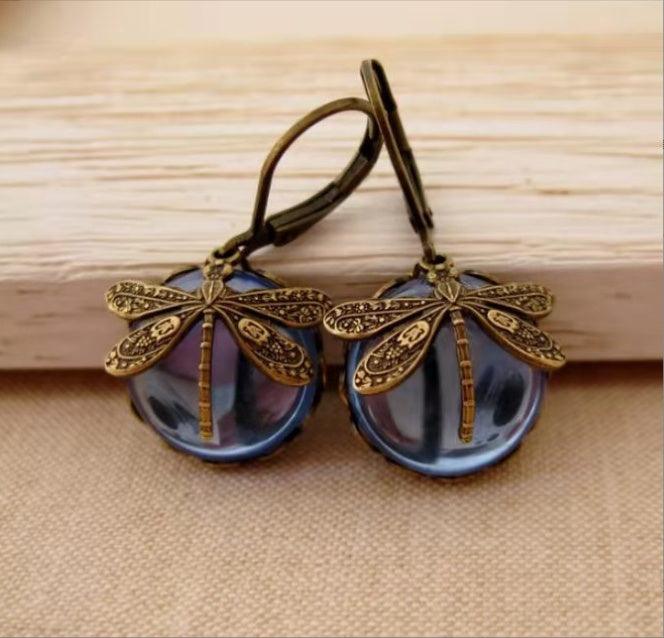 Fashion Retro Small Dragonfly Pattern Earrings Light blue