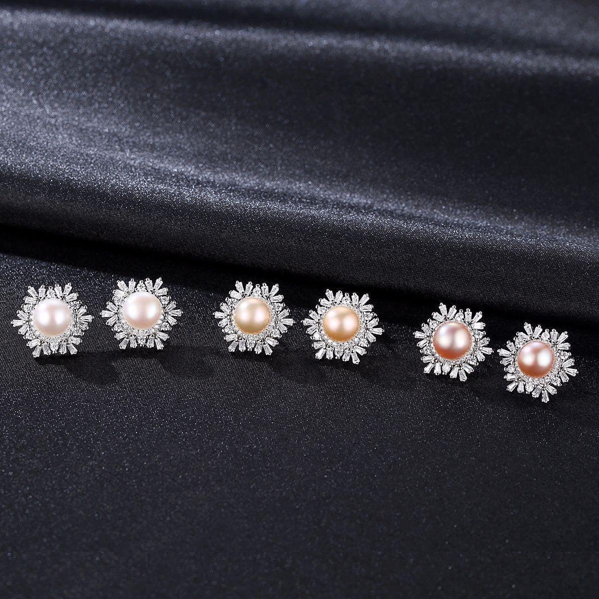 Korean Gemstone Pearl Snowflake Earrings
