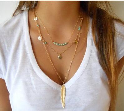 Double-layer Triangle Multi-layer Necklace | Daily Wear 13 leaves Golden