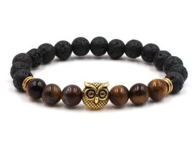 Natural Stone Black Lava Volcanic Stone 8 mm - Bracelet with Gold Alloy Owl Tiger eye