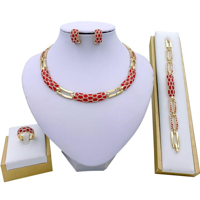 Korean Diamond Earring & Necklace Set | Fashion Wear Red