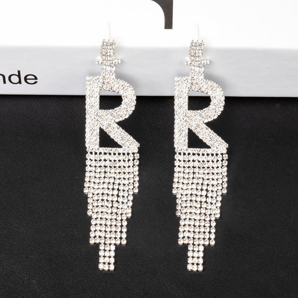 Silver Needle Rhinestone Letter B Earrings Silver R