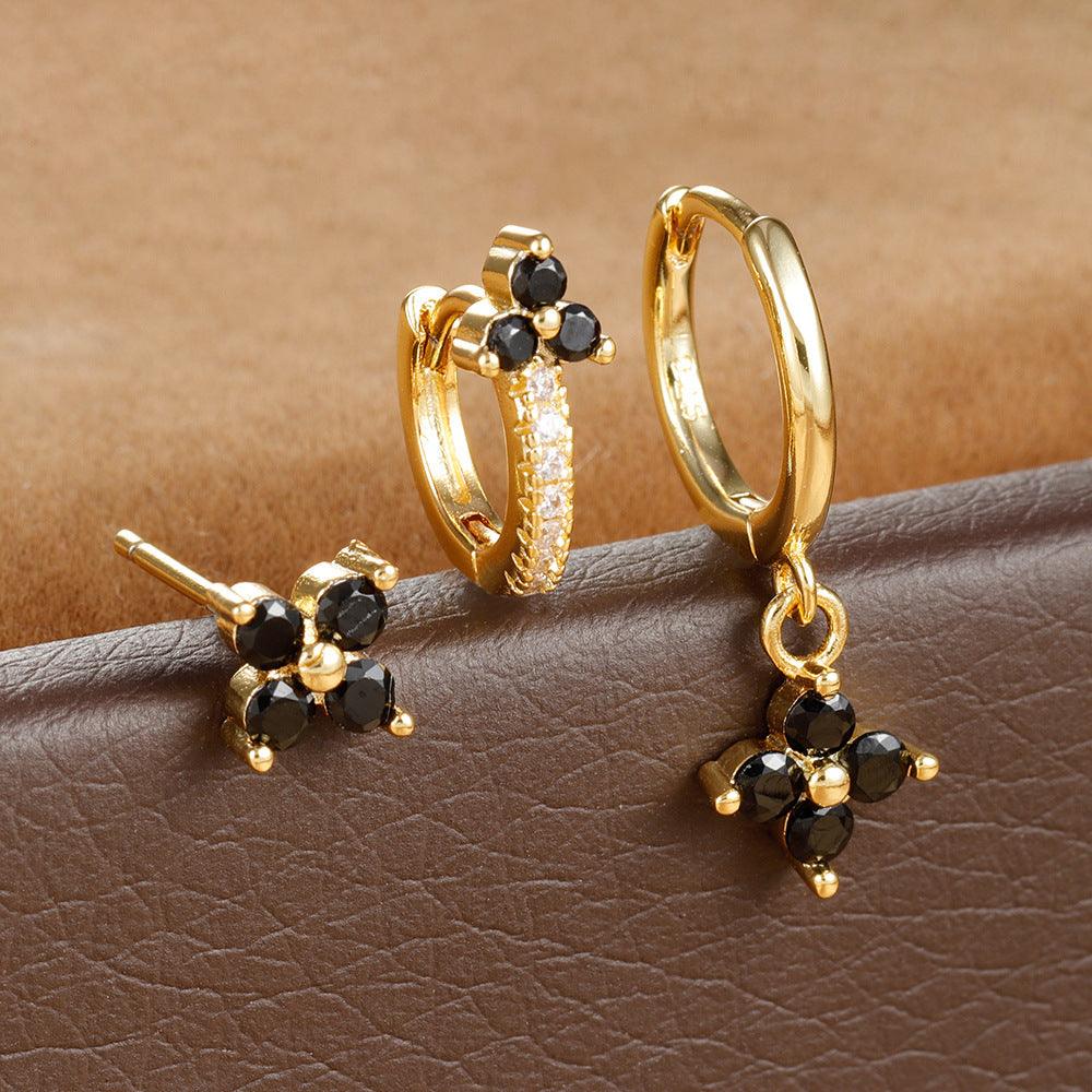Four-Leaf Flower Stud Earrings | Daily Wear Black And Golden