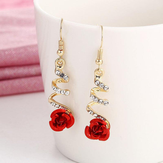 Red Rose Drop Earrings Golden