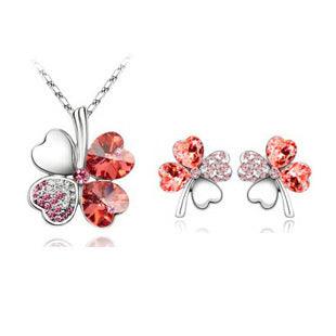 Four-Leaf Clover Necklace and Earrings | Daily Wear Water Lotus Red 1 set