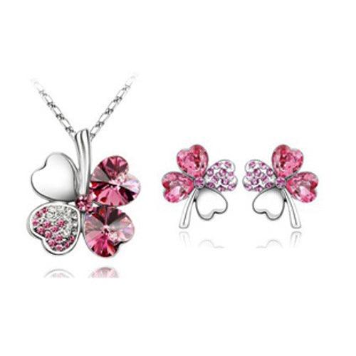Four-Leaf Clover Necklace and Earrings | Daily Wear Rose Red 1 set