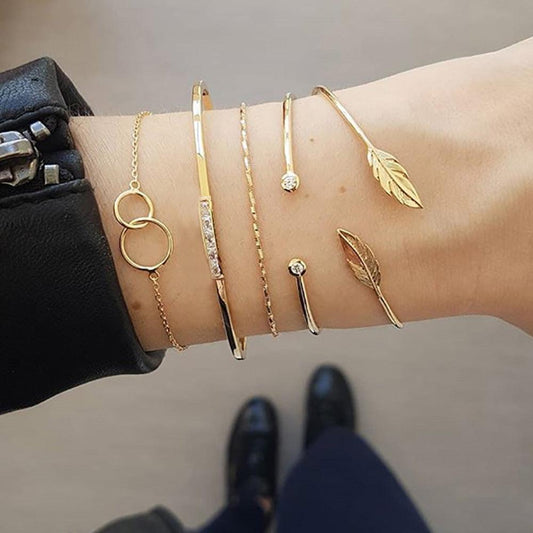 Leaf Circle Five Piece Bracelet Set | Fashion Jewelry Gold